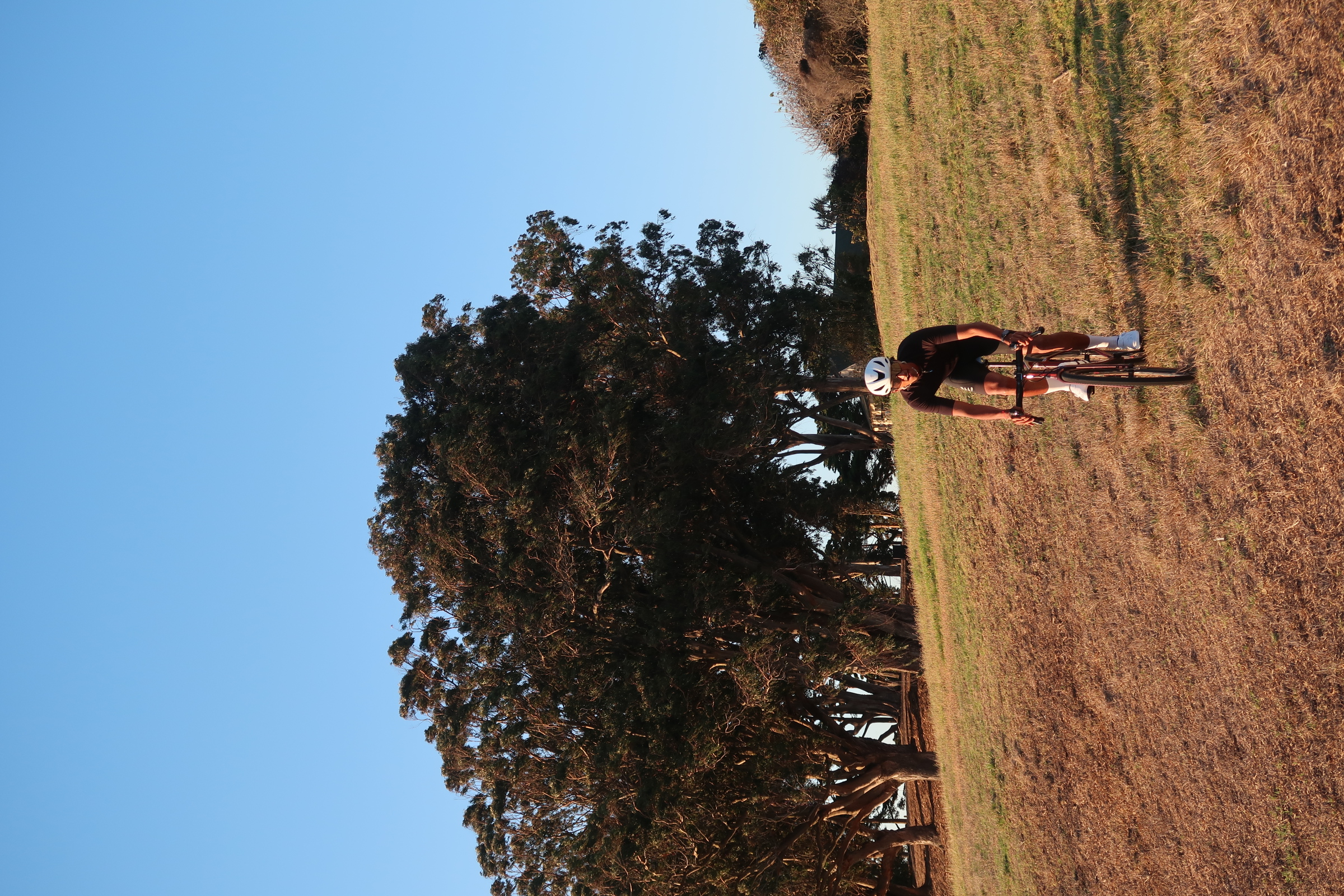 Cyclist riding through a grassy field