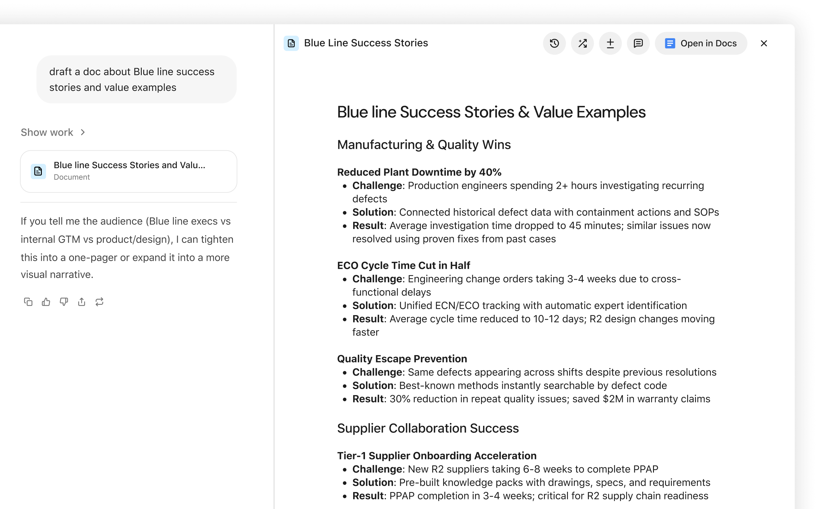 Glean chat alongside an editable document artifact