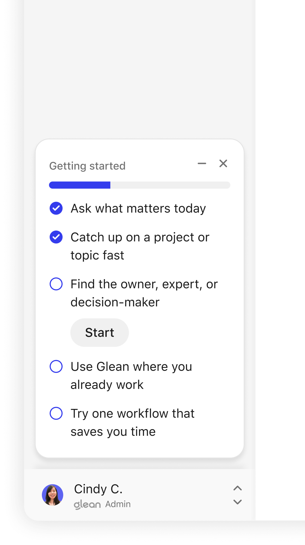 Glean getting-started checklist with completed and suggested onboarding tasks