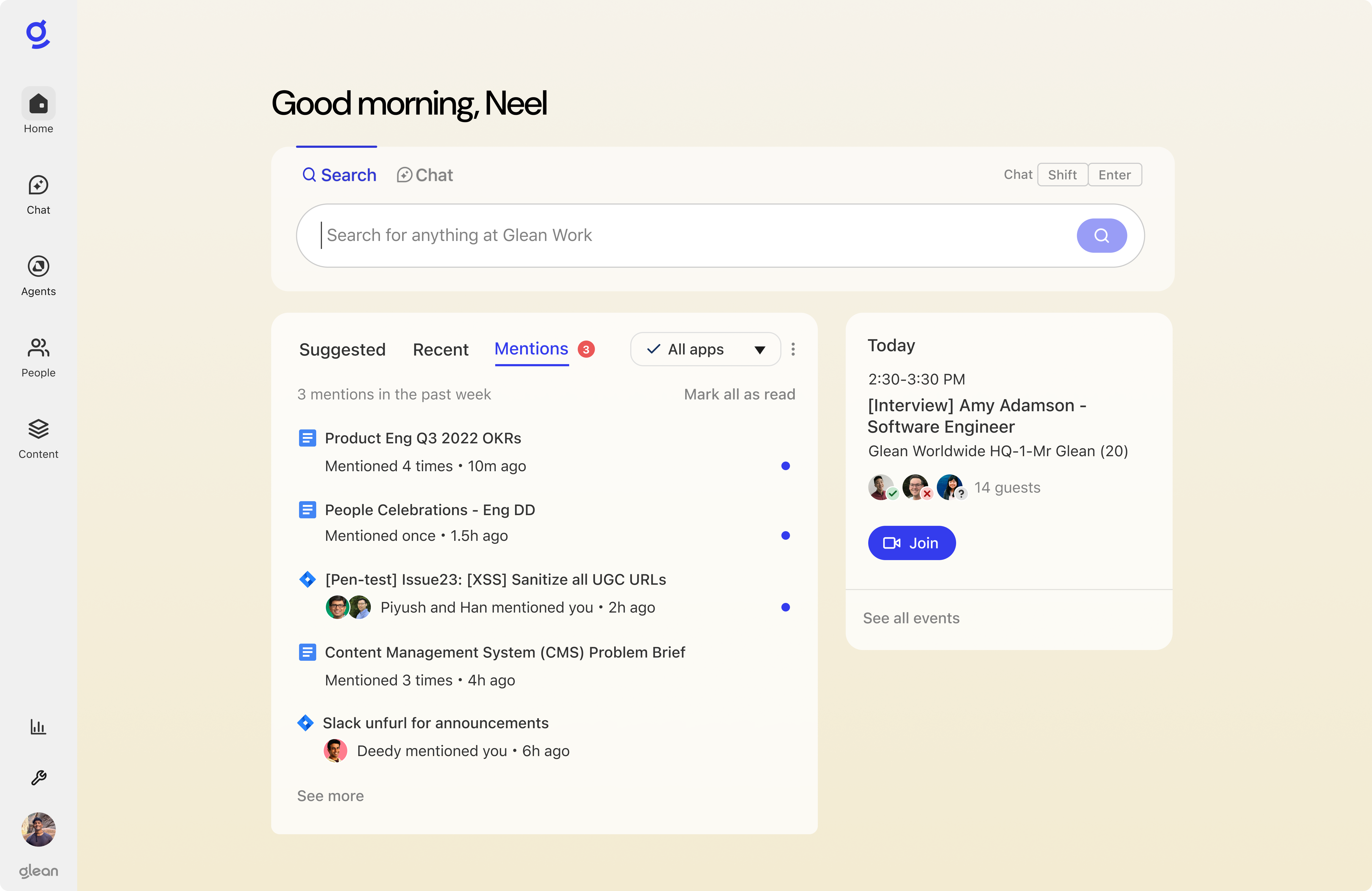 Previous Glean homepage with search, activity feed, and calendar