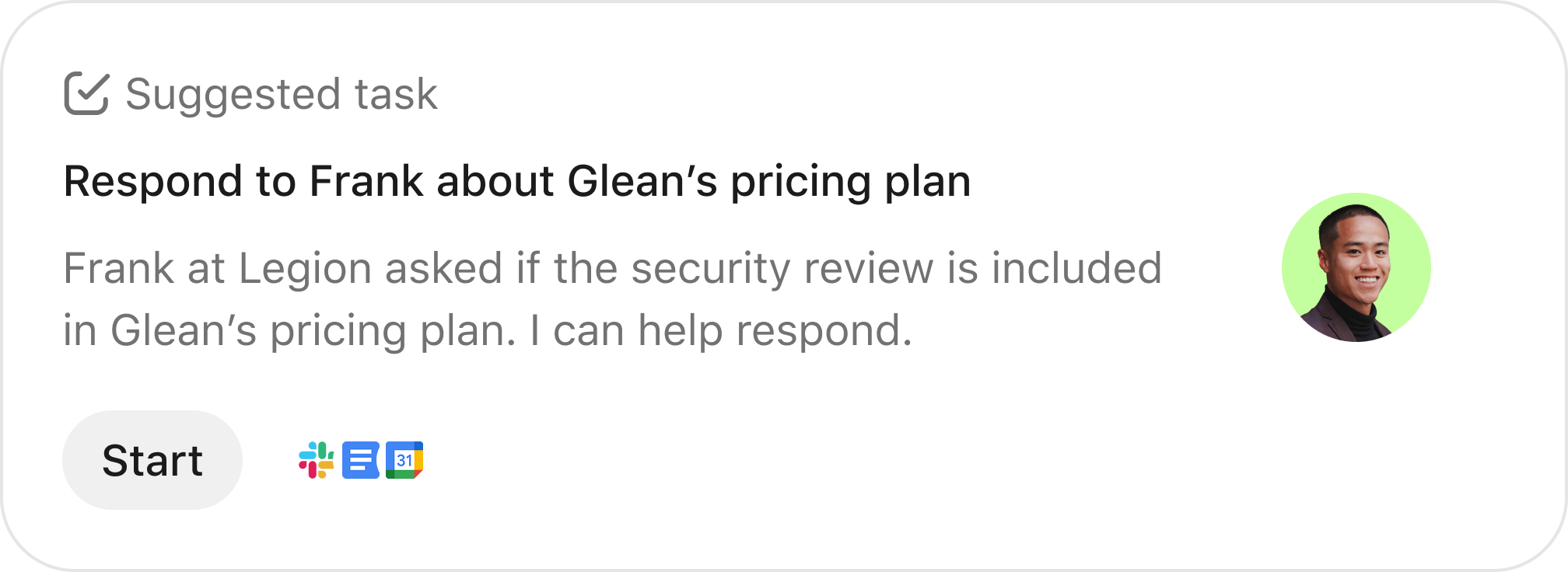 Respond to Frank about Glean’s pricing plan