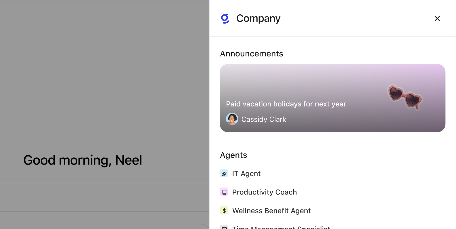 Glean Company Corner panel with announcements and agents